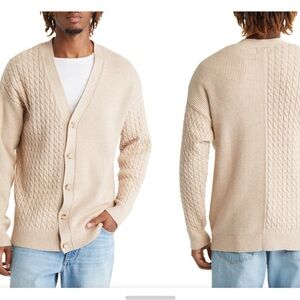 Top man mix stitch Warm Beige V-Neck Cardigan with Cable Knit Design size M